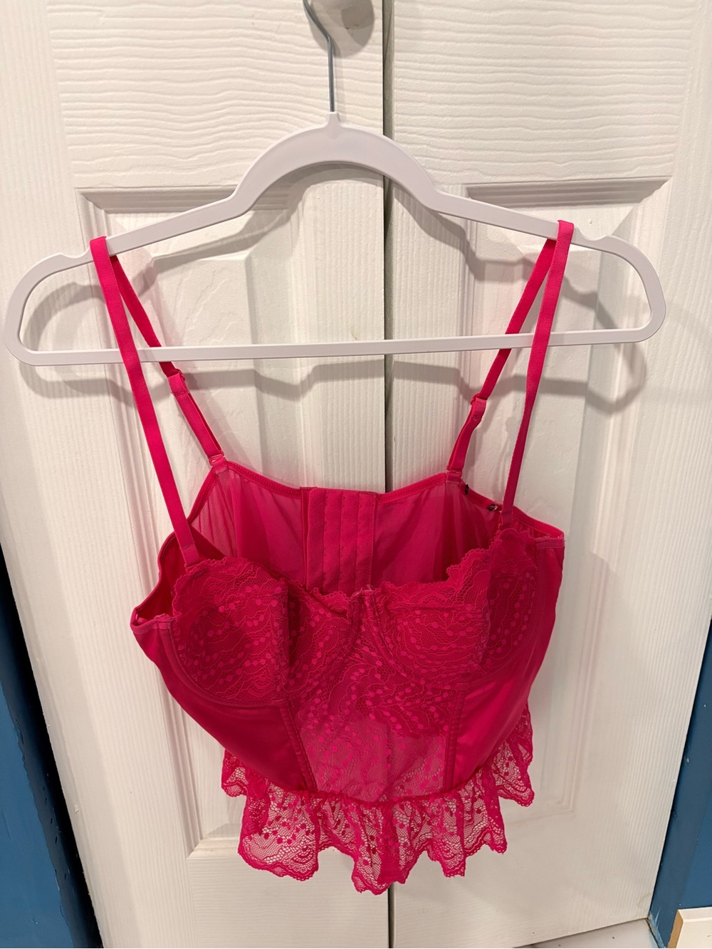 Hot Pink Lace Corset Bustier Crop Top with Ruffle Hem